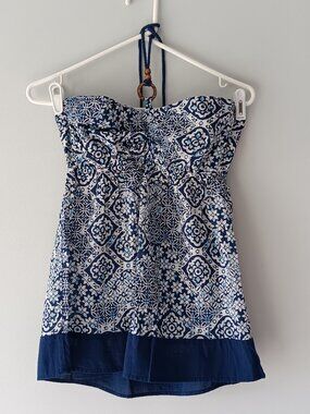 FANG Sleeveless Cotton Halter Cord Fit & Flare Floral Geometric Blue White Large